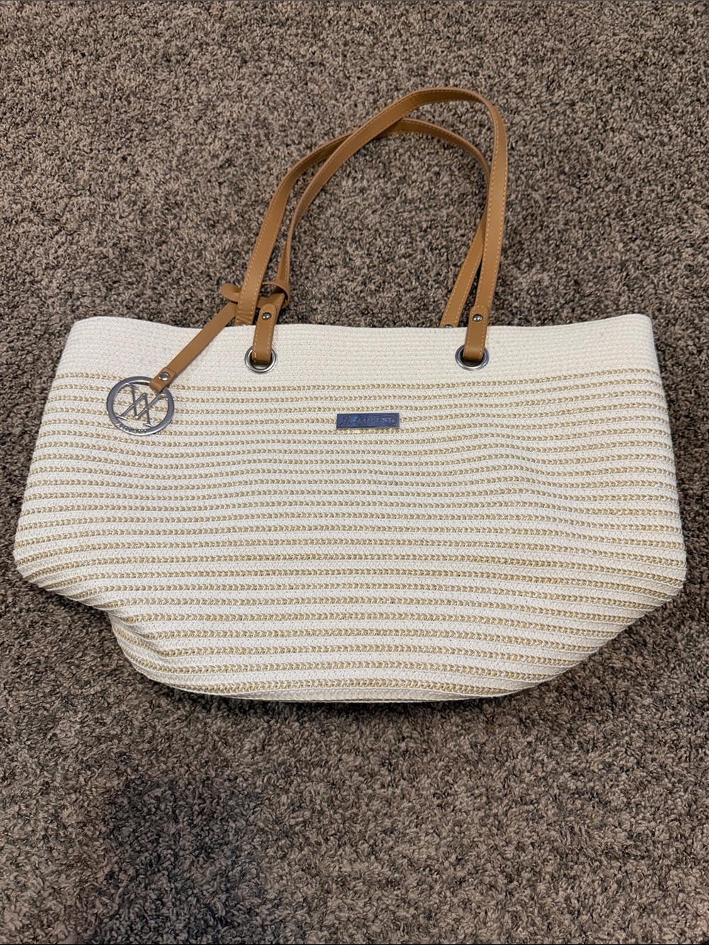 Amiani Straw Cream and Tan Striped Tote